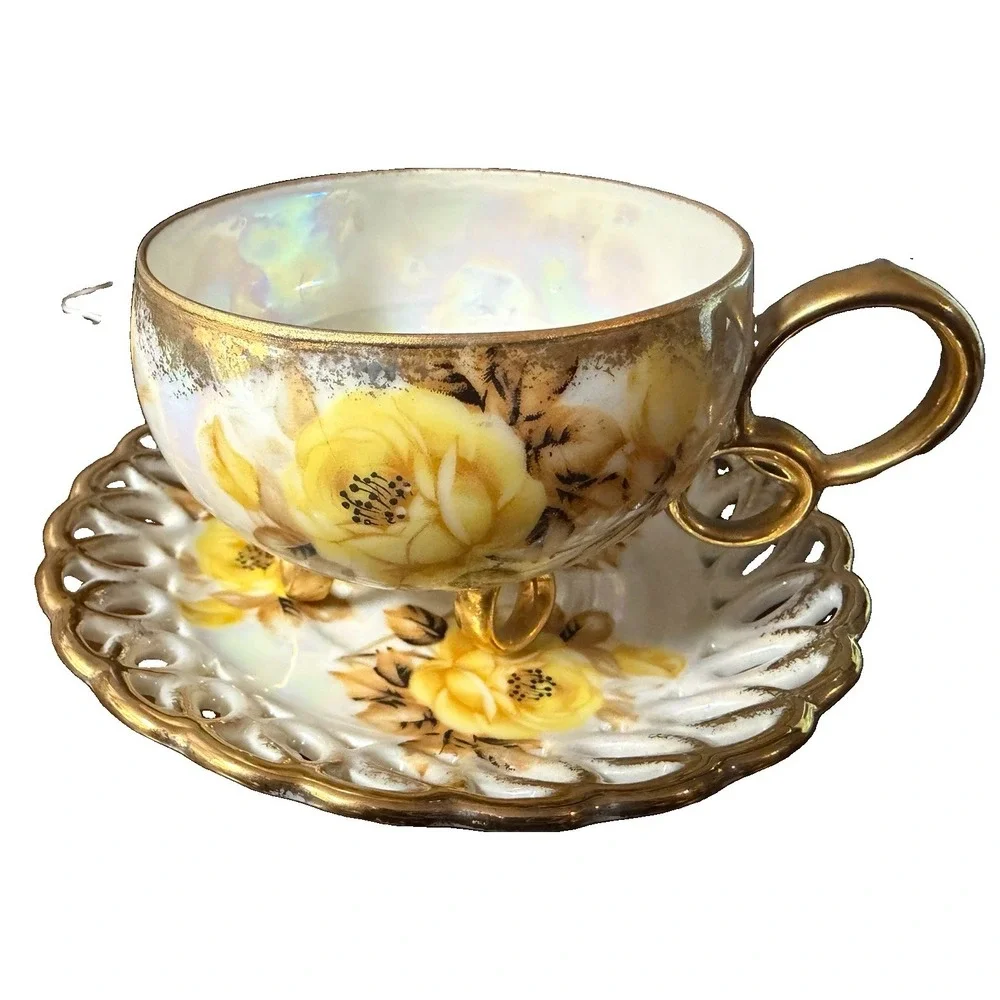 Vintage Royal Sealy China Japan Footed Teacup Saucer Yellow Roses Gold Luster